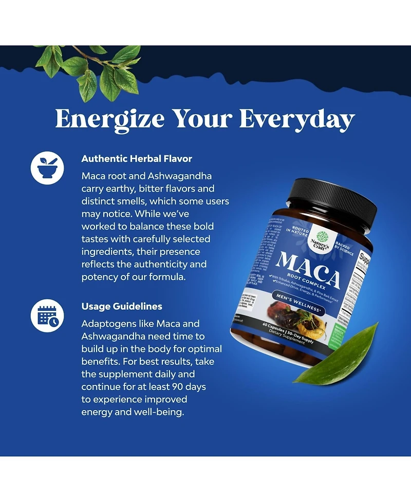 Maca Root Complex for Men | Herbal Supplement with Siberian Ginseng Ashwagandha & Black Maca Roots for Men's General Health | 60ct