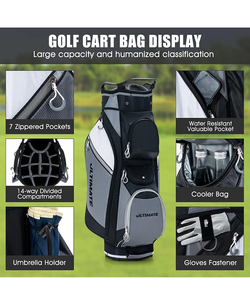 Gymax 10" 14-Way Golf Cart Stand Bag w/Cooler Bag Waterproof Valuable Pocket Rain Hood