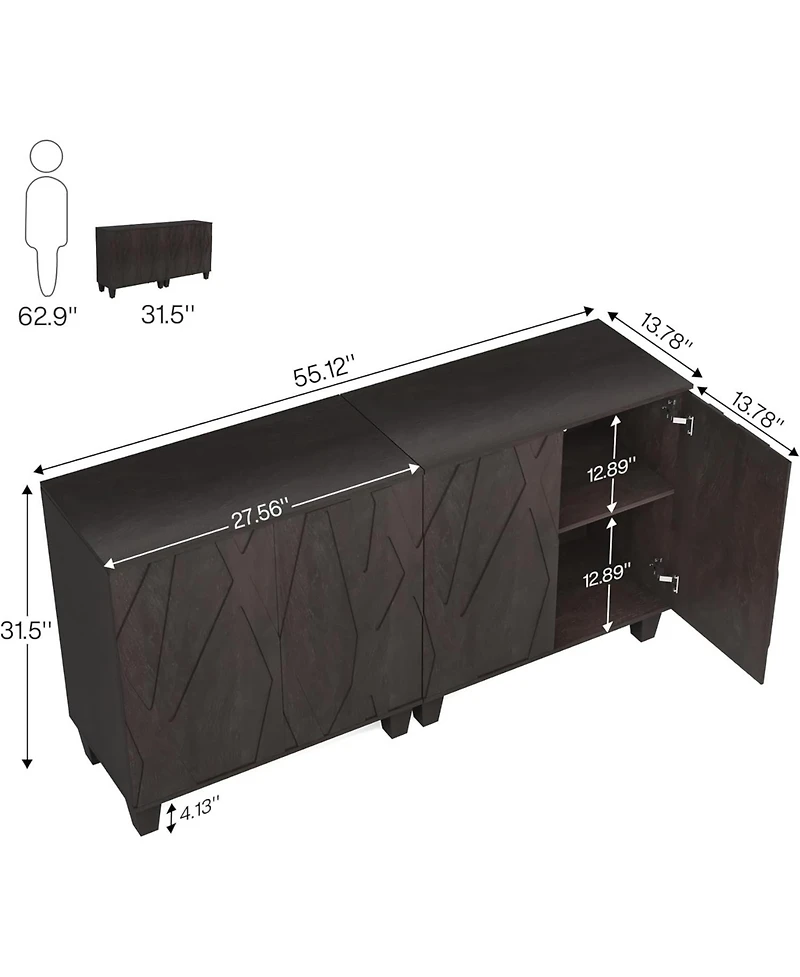 Tribesigns Sideboard Buffet Storage Cabinet Set of 2, Retro Kitchen Sideboard Cabinet with Adjustable Shelves 55" Accent Cabinet with Doors for D