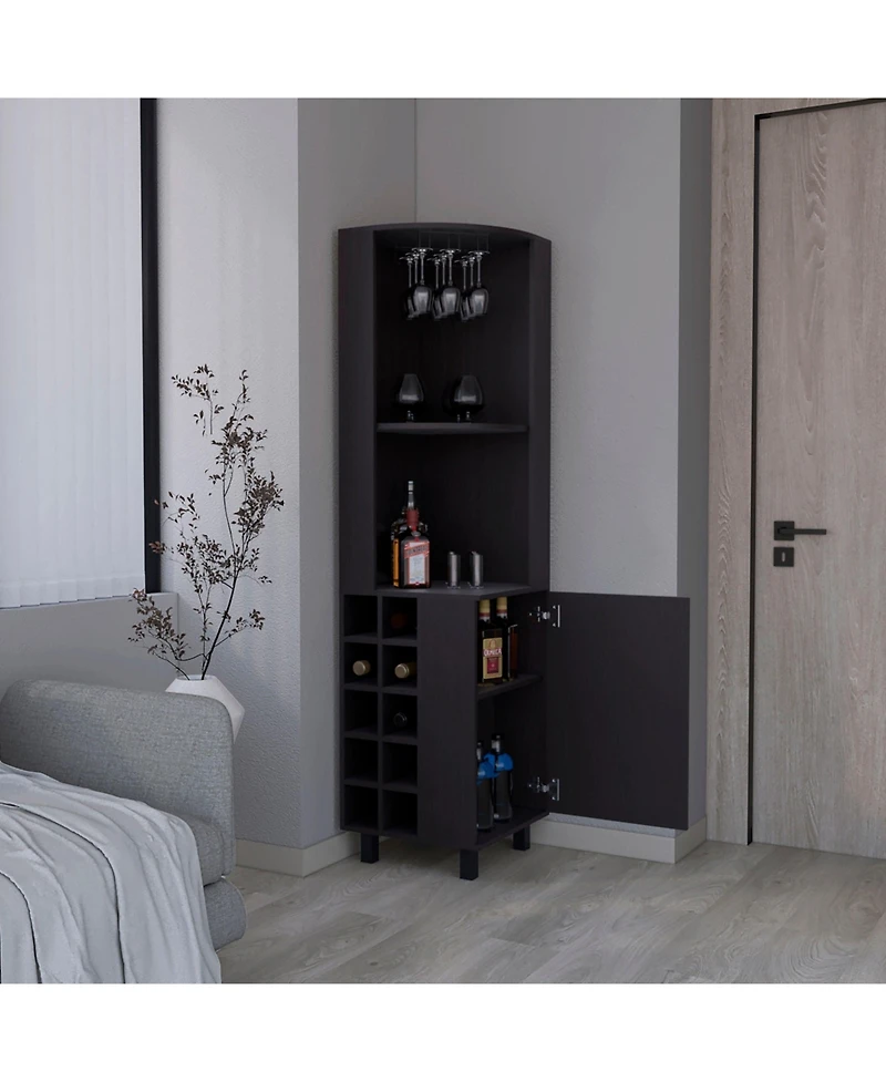 Morocco Corner Bar Single Door Cabinet Two Shelves, Ten Built-in Wine Rack, Interior Black