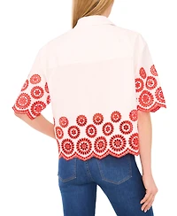 CeCe Women's Contrast Embroidered Cotton Collared Shirt