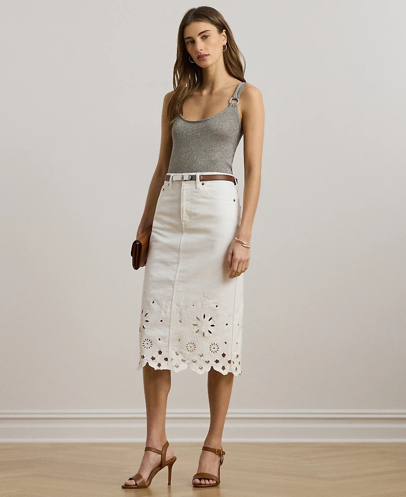 Lauren Ralph Lauren Petite Eyelet Denim Midi Skirt