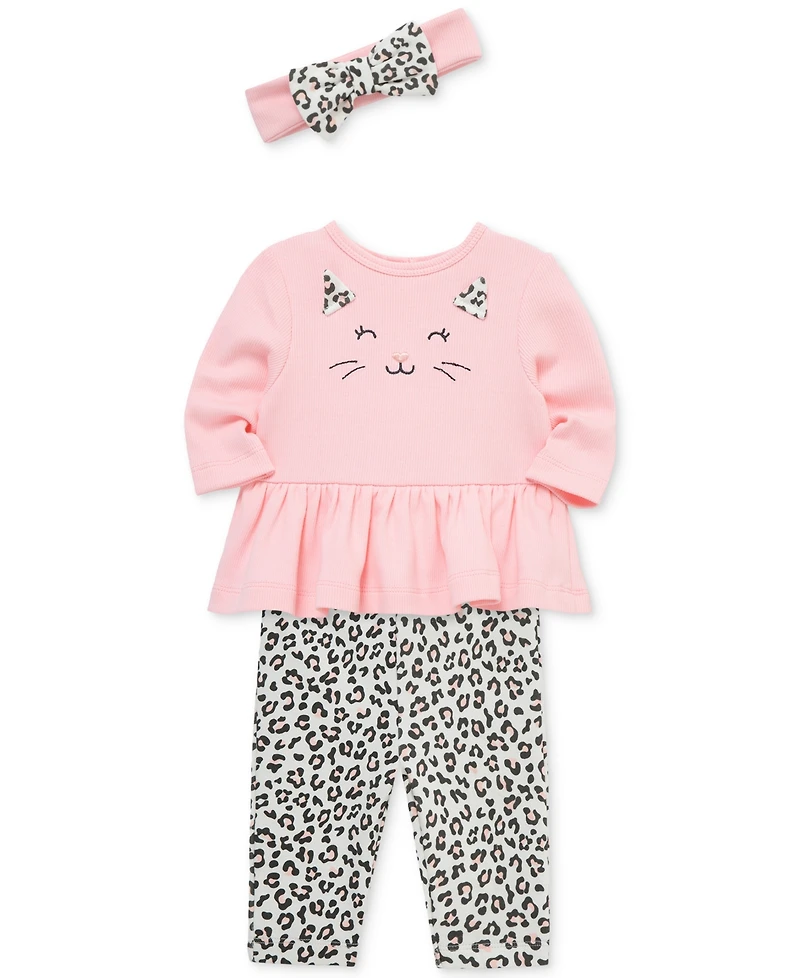 Little Me Baby Girls Cotton Leopard Headband, Bodysuit & Pants, 3 Piece Set