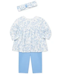 Little Me Baby Girls Cotton Headband, Smocked Floral-Print Tunic & Leggings, 3 Piece Set
