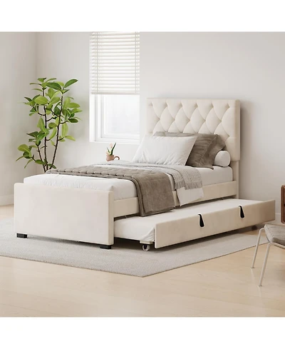 Velvet Platform Bed with Trundle and Tufted Headboard
