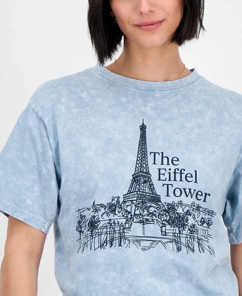 Rebellious One Juniors' Eiffel Tower Mineral Wash Boyfriend T-Shirt