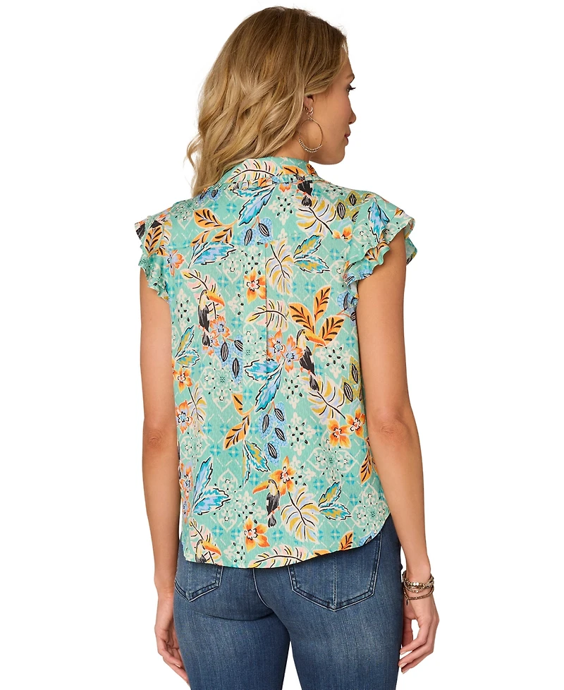 Democracy Petite Floral-Print Double-Flutter Blouse
