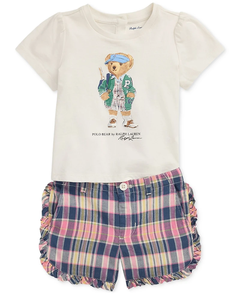 Polo Ralph Lauren Baby Girls Bear Tee & Madras Shorts Set