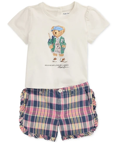 Polo Ralph Lauren Baby Girls Bear Tee & Madras Shorts Set