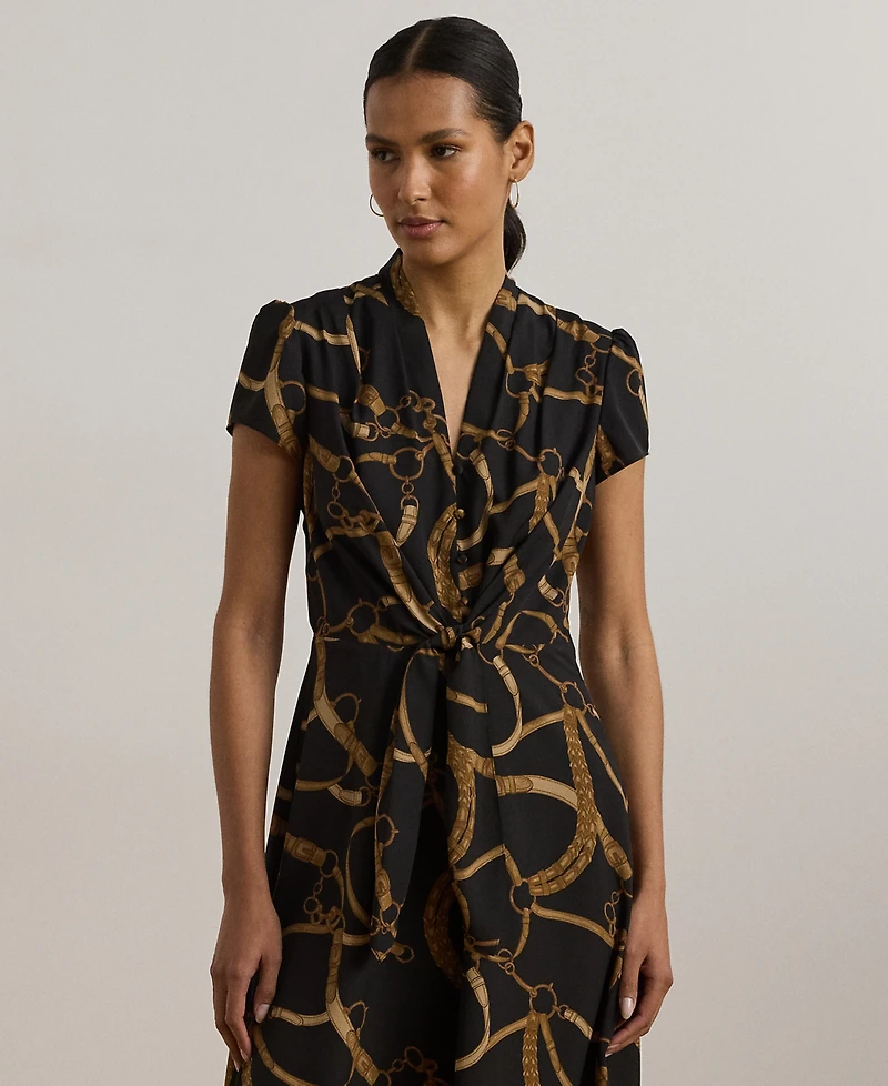 Lauren Ralph Petite Belting-Print Crepe Tie-Front Dress