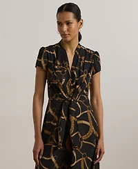 Lauren Ralph Petite Belting-Print Crepe Tie-Front Dress