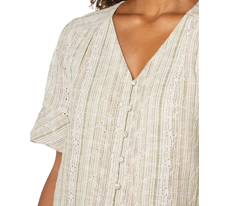 Liverpool Los Angeles Women's Striped Embroidered Cotton Linen Blouse