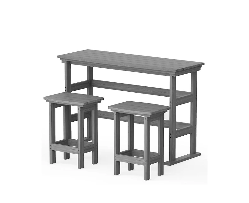 3-Piece Hdpe Plastic Outdoor Patio Rectangle Bar Height Bistro Dining Set in Gray