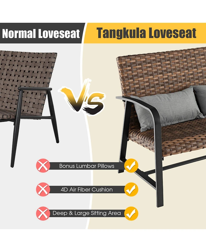 Gymax Set of 2 Rattan Loveseat Coffee Table Set w/ Padded Back Seat Pillow Patio