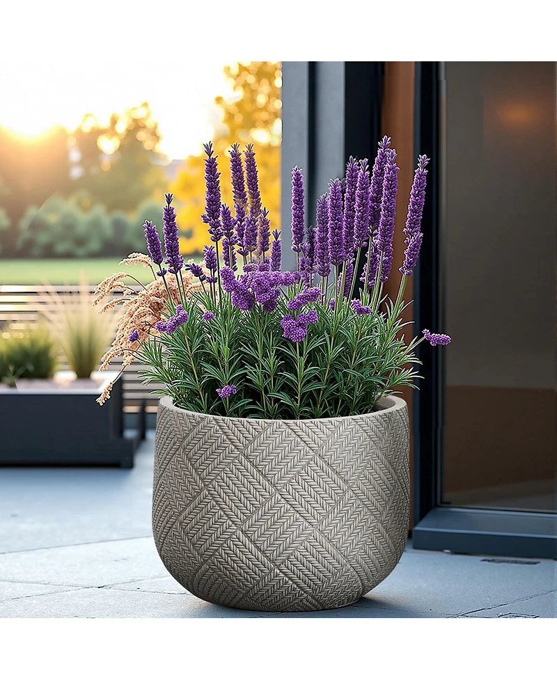 LuxenHome Misty Gray Glen Pattern 13.6-Inch Tall MgO Round Planter, Indoor and Outdoor