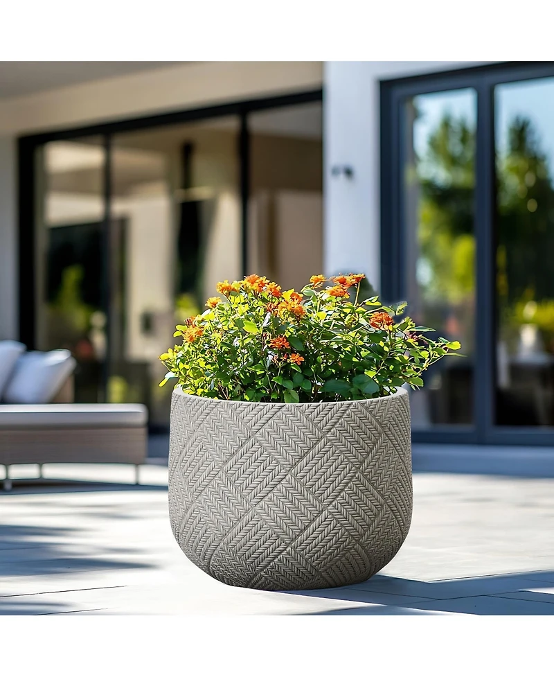 LuxenHome Misty Gray Glen Pattern 11.8-Inch Tall MgO Round Planter, Indoor and Outdoor