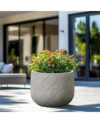 LuxenHome Misty Gray Glen Pattern 11.8-Inch Tall MgO Round Planter, Indoor and Outdoor