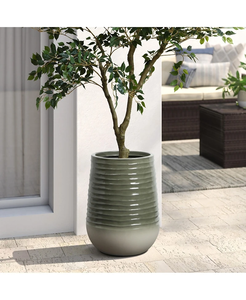 LuxenHome Emerald Ribbed Top with Ivory Bottom 20" Tall Resin Round Planter