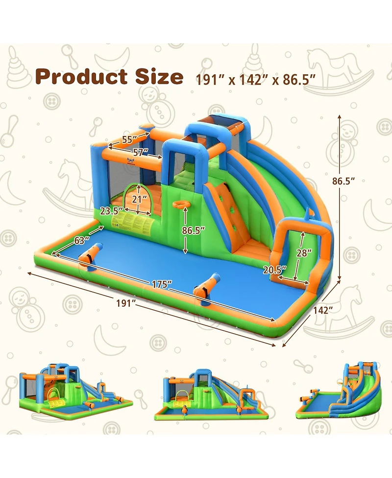 7-in-1 Inflatable Giant Water Park Bouncer with Dual Climbing Walls and 735W Blower
