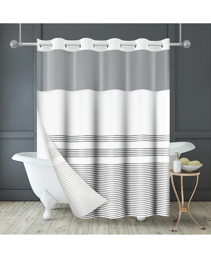 Americanflat 72x75 Hookless Shower Curtain - Grey Lines Shower Curtain with Sheer Panel, Snap-In Liner, and Grommets - 100% Polyester