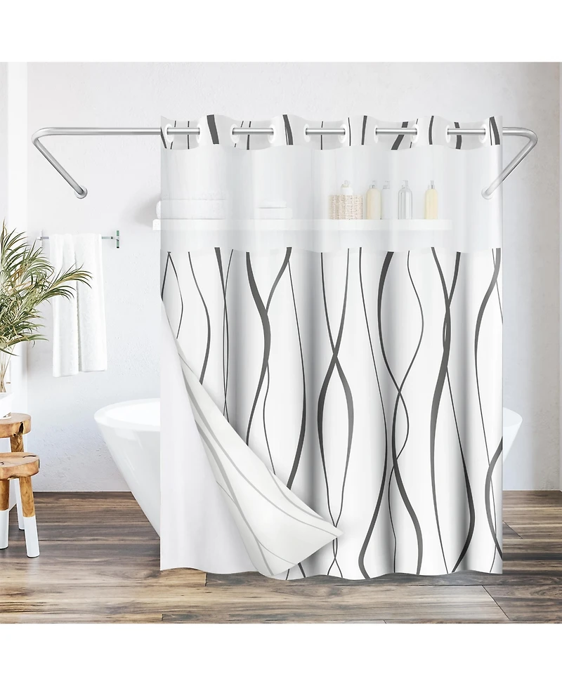 Americanflat 72x75 Hookless Shower Curtain - Gray Abstract Curve Lines Shower Curtain with Sheer Panel, Snap-In Liner, and Grommets - 100% Polyester