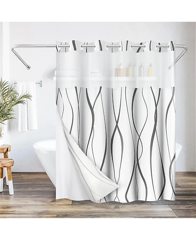 Americanflat 72x75 Hookless Shower Curtain - Gray Abstract Curve Lines Shower Curtain with Sheer Panel, Snap-In Liner, and Grommets - 100% Polyester