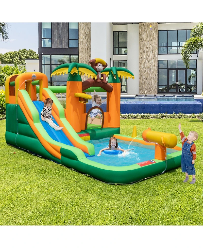 Monkey-Themed Inflatable Water Slide with Jumping Area and Pool with 680W Blower