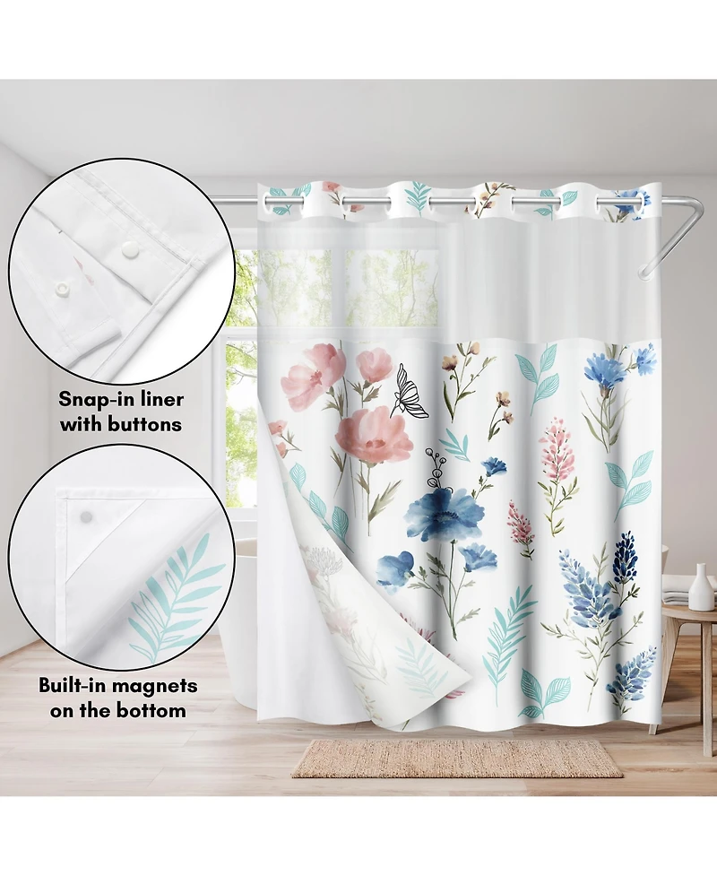 Americanflat 72x75 Hookless Shower Curtain - Floral Blue and Pink Shower Curtain with Sheer Panel, Snap-In Liner, and Grommets - 100% Polyester