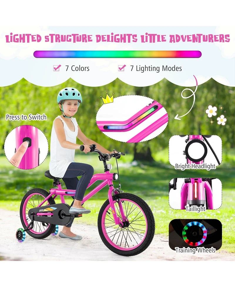 18 Inch Led Lighted Kids Bike with Training Wheels and Headlight for Ages 4-8 Years
