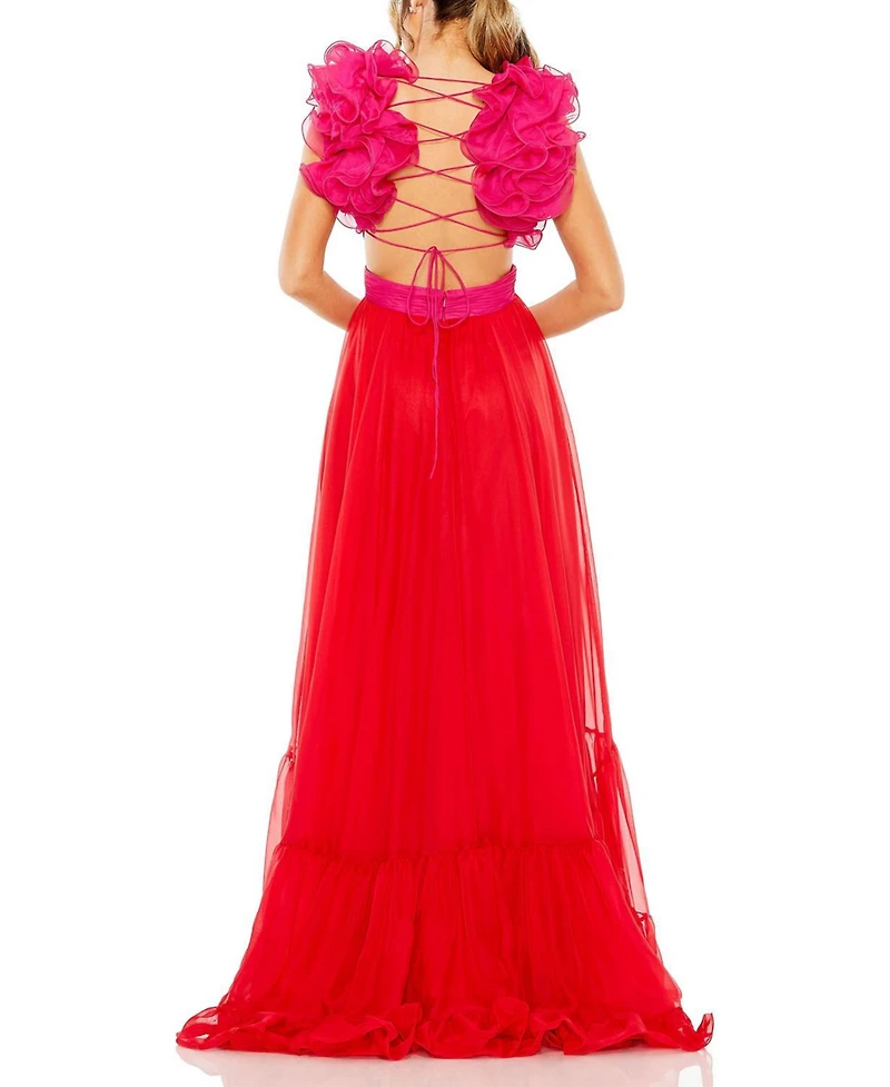 Mac Duggal Women's Ruffle Tiered Cut Out Lace Up Chiffon Gown