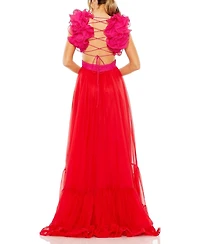 Mac Duggal Women's Ruffle Tiered Cut Out Lace Up Chiffon Gown