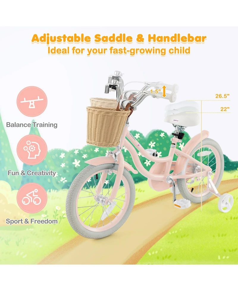 16-Inch Kids Bike with Adjustable Handlebar for Girls Boys Age 4-7