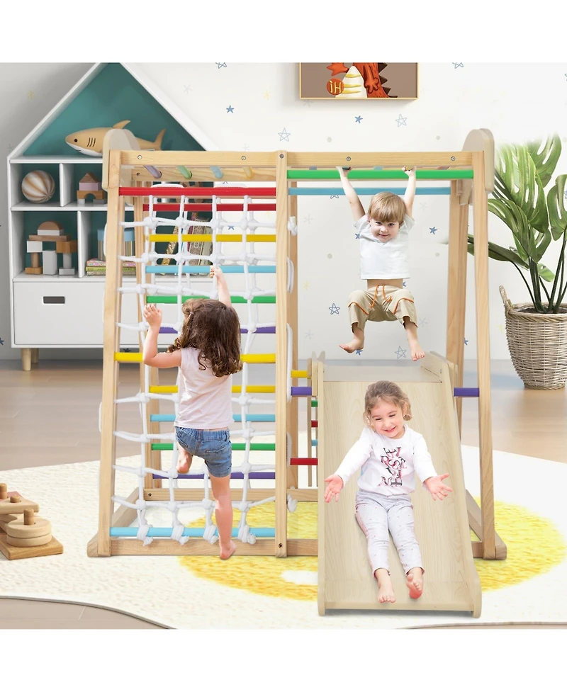 6-in-1 Indoor Jungle Gym Kids Wooden Playground with Monkey Bars
