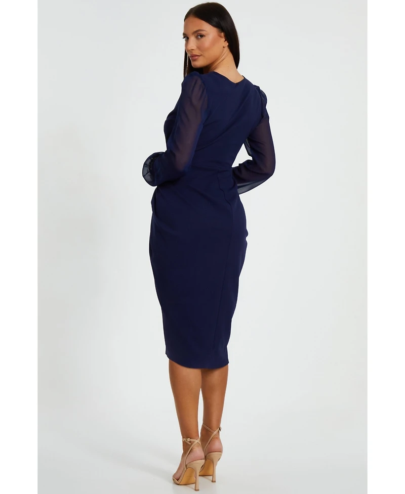 Quiz Women's Scuba Crepe Front Wrap Chiffon Sleeve Midi Dress