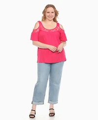 White Mark Plus Cold Shoulder Lace Trim Knit Top