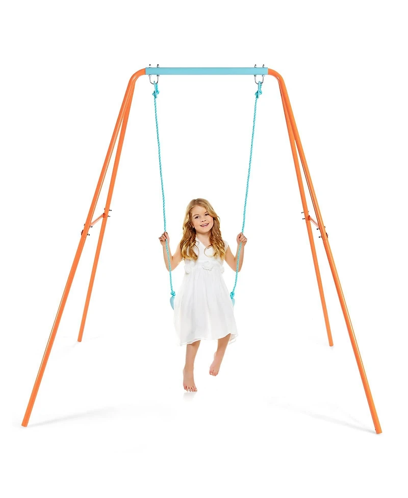 Outdoor Kids Swing Set with Heavy Duty Metal A-Frame and Ground Stakes