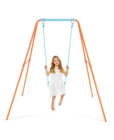 Outdoor Kids Swing Set with Heavy Duty Metal A-Frame and Ground Stakes