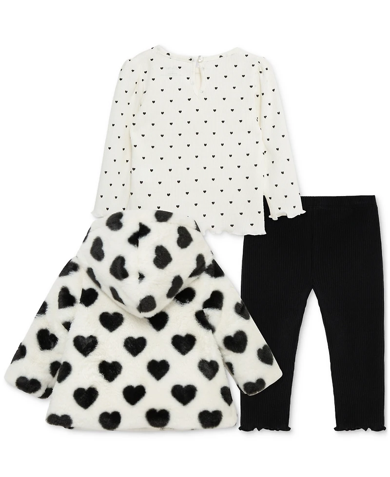 Little Me Baby Girls Hearts Faux-Fur Jacket, T-Shirt & Pants, 3 Piece Set