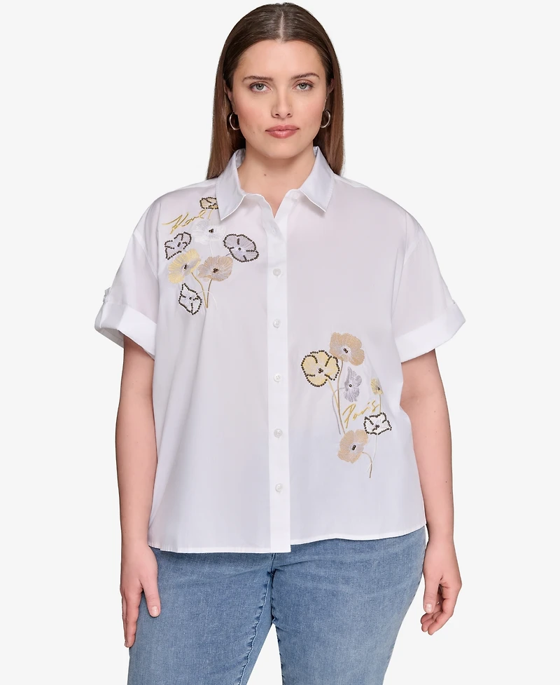 Karl Lagerfeld Paris Plus Cotton Floral-Detail Roll-Tab Shirt