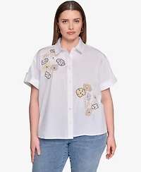 Karl Lagerfeld Paris Plus Cotton Floral-Detail Roll-Tab Shirt