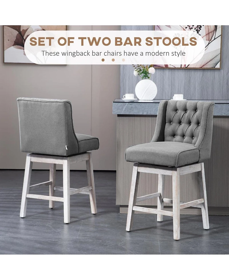 Set of 2 Swivel Counter Height Stools, 26.75" Wingback Tufted Seats with Solid Wood Frame & Footrest for Kitchen Island -The Pop Home