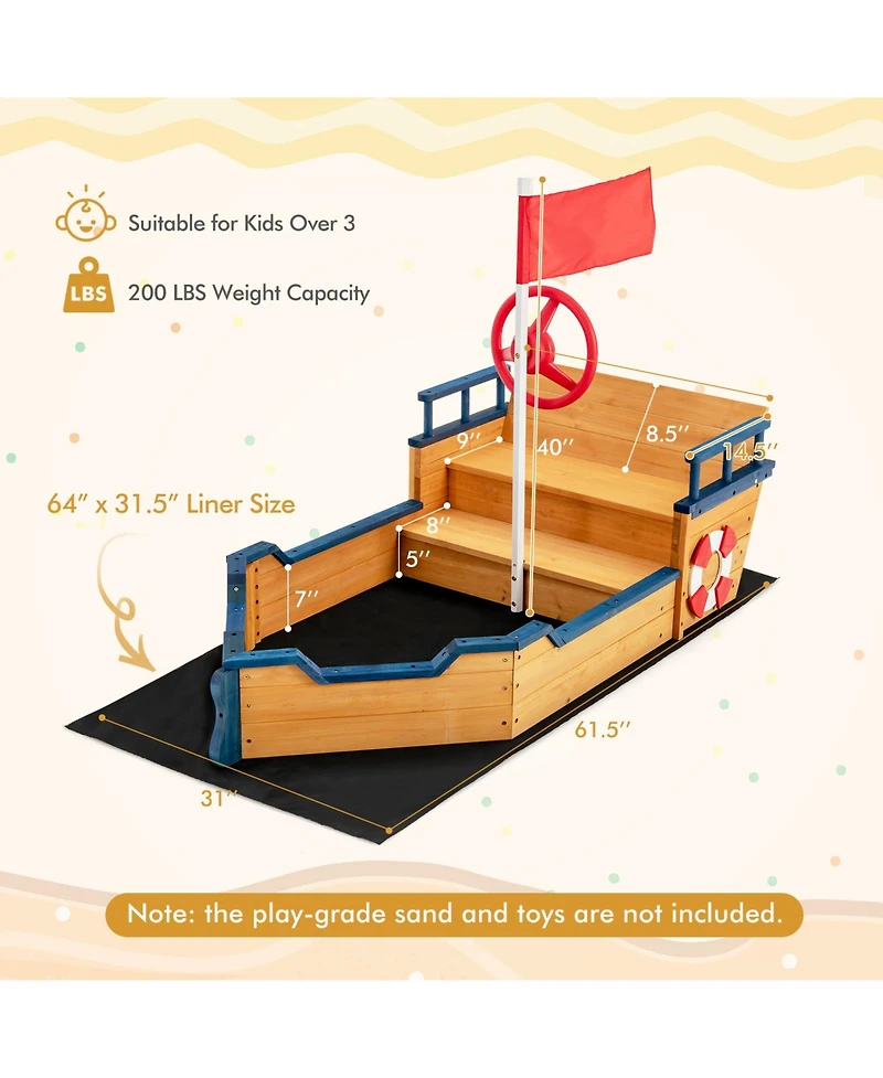 Kids Pirate Boat Wooden Sandbox Children Outdoor Playset