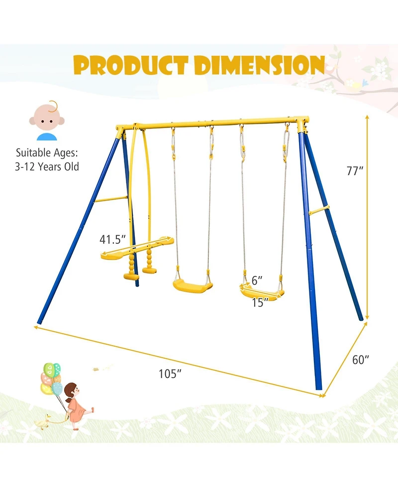 Metal Swing Set for Backyard with 2 Swing Seats and 2 Glider Seats