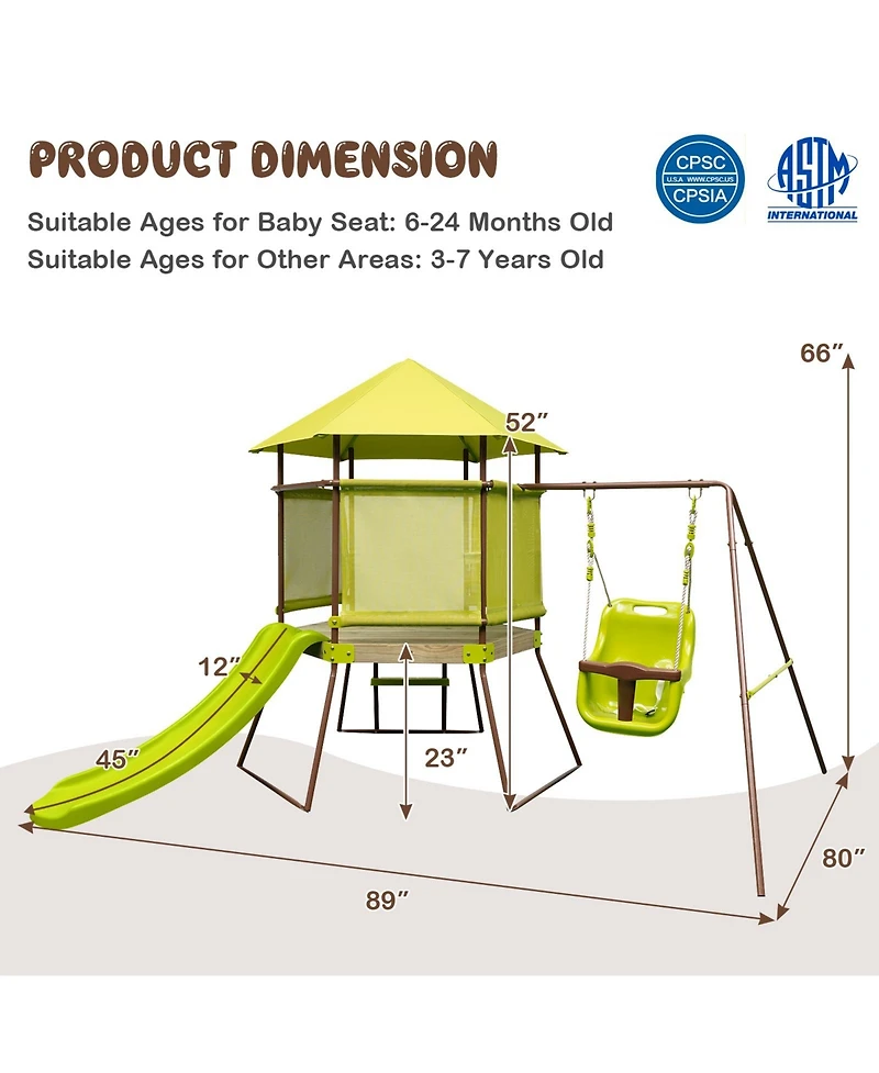 4-in-1 Swing Set with Covered Playhouse Fort and Height Adjustable Baby Seat