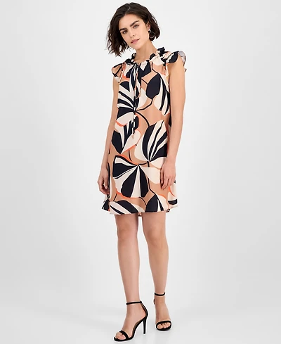 Robbie Bee Women's Printed Ruffle-Neck Cap-Sleeve Dress