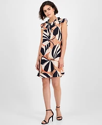 Robbie Bee Women's Printed Ruffle-Neck Cap-Sleeve Dress
