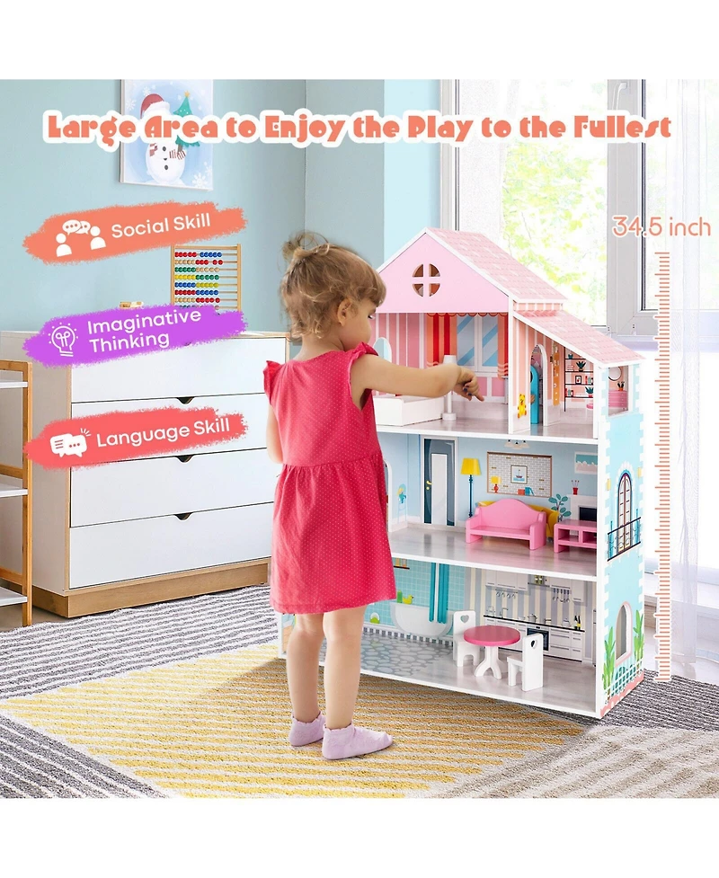 3-Tier Toddler Doll House with Furniture Gift for Age over 3