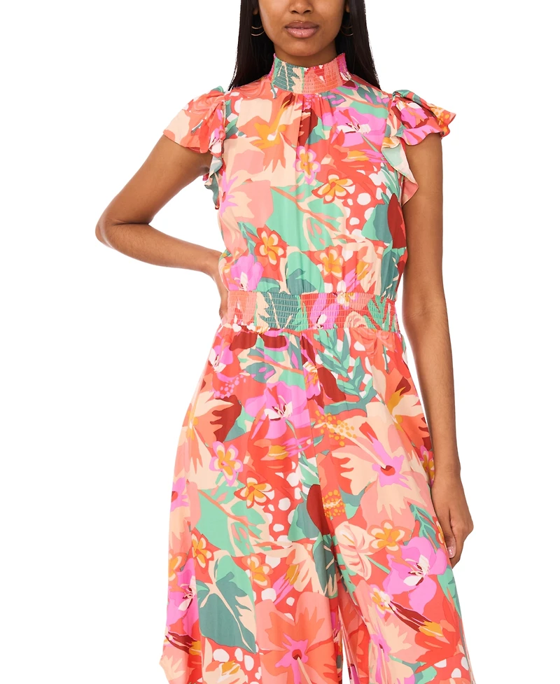 Msk Women's Smocked Waist Printed Wide-Leg Jumpsuit