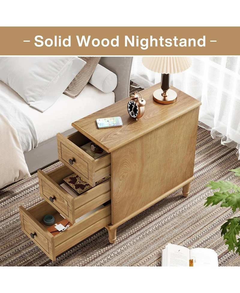 Tribesigns Solid Wood End Table, Fully Assembled Narrow Side Table with Drawers, Pre-Assembled Nightstand Slim Bedside Table for Small Spaces, Living