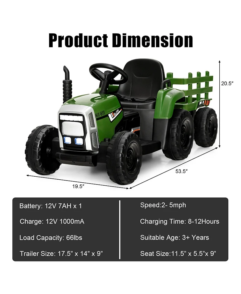 12V Ride on Tractor with 3-Gear-Shift Ground Loader for Kids 3+ Years Old